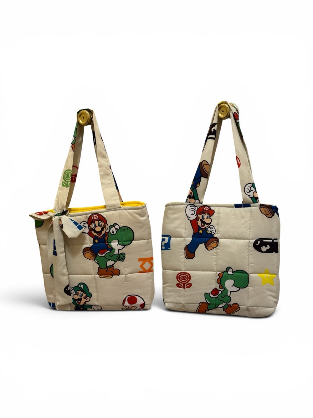 Handmade Super Mario Quilted Tote Bag with Yoshi Print - Cream